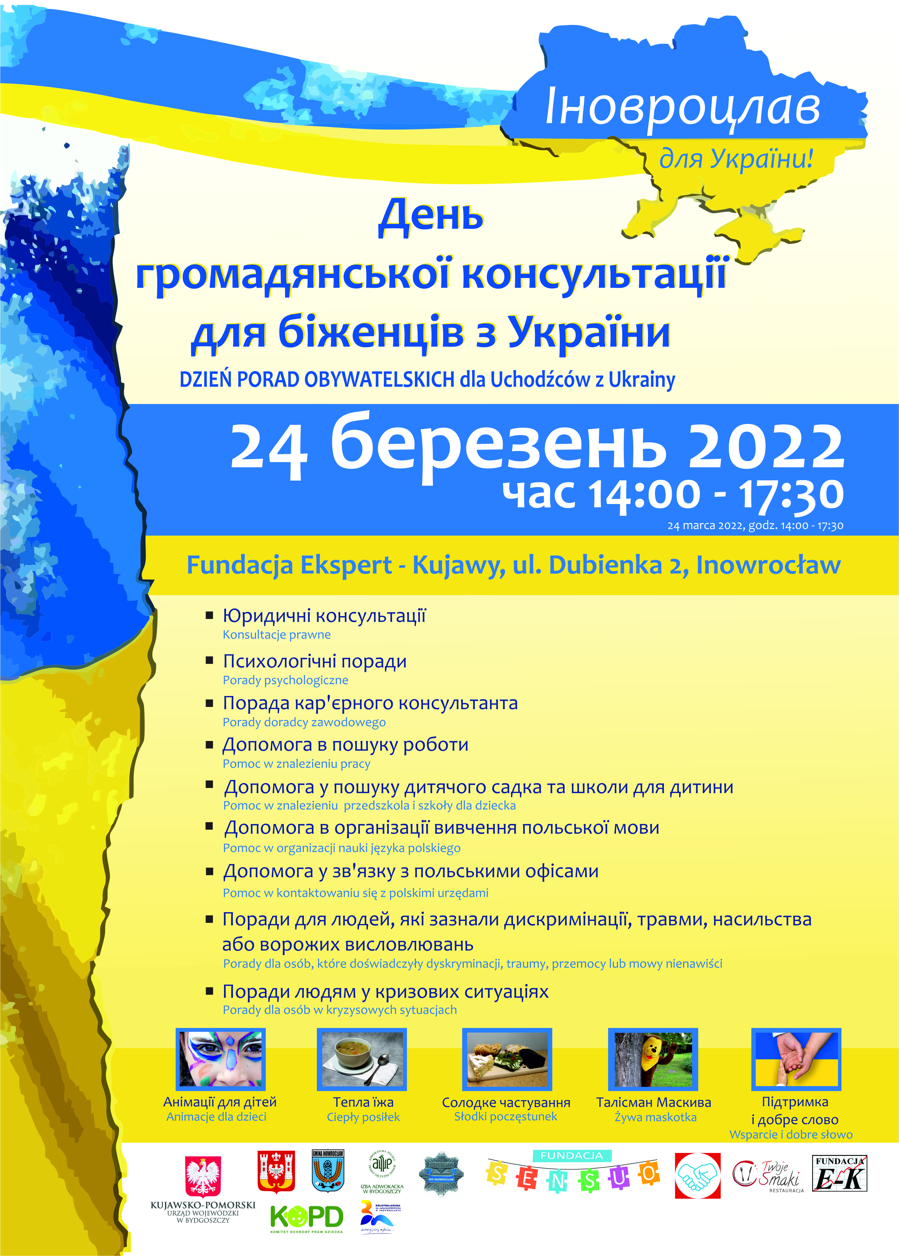 Plakat dotyczący Dnia Porad Obywatelskich dla Uchodźców z Ukrainy
